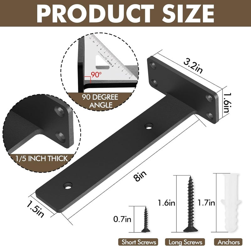 MIUGO Heavy Duty Shelf Bracket 4 Pack, Floating Shelf Brackets 8 inch Long, Brackets for Shelves, Black Coated Metal Wall Shelf Support Brackets（1/5"-Thick） - Image 3